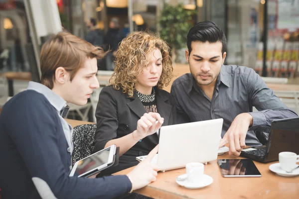 Modern business people with devices — Stock Photo, Image