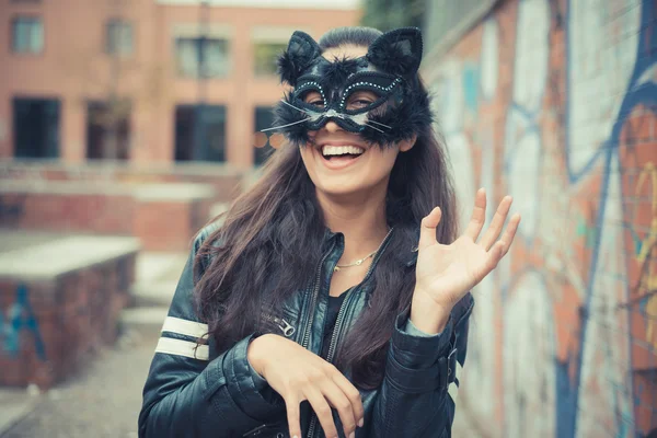 Beautiful brunette woman in Cat mask — Stock fotografie