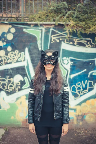 Beautiful brunette woman in Cat mask — Stockfoto