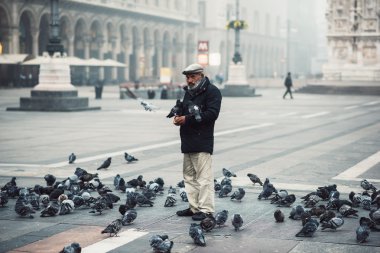 Milano'da güvercin besleyen yaşlı adam