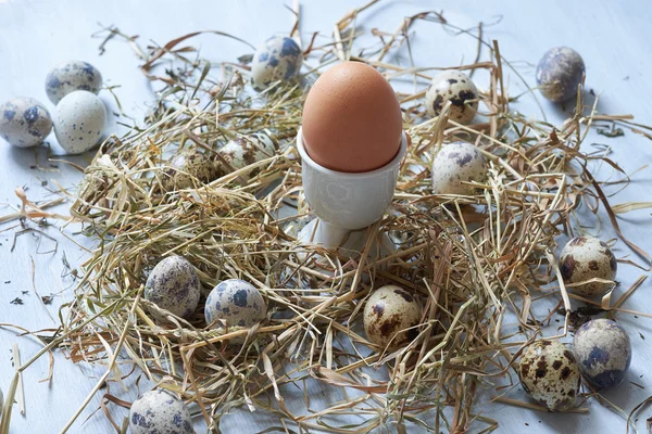 Ägg i hö häckar på gamla träbord bakgrund. — Stockfoto