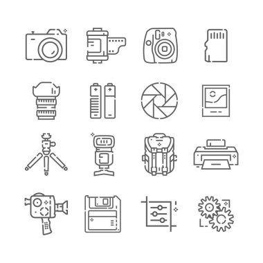 Fotoğraf simgeleri. Kamera ve fotoğraf ikonları. Fotoğraf stüdyosu ışığı, film kameraları, tripod hattı, film. Fotoğraf merceği, farklı dijital ve klasik kamera görüntüleri. Vektör illüstrasyonu.