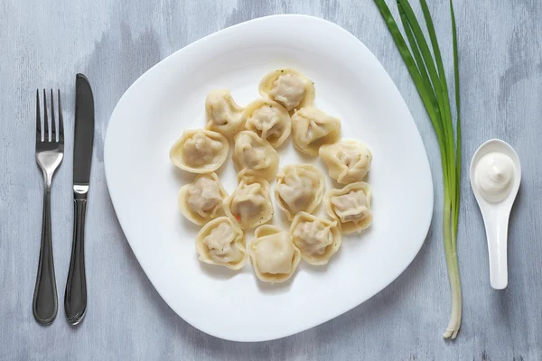 Mięso gotowane pierożki podawane z kwaśną śmietaną i szczypiorkiem. Zdjęcie Stockowe