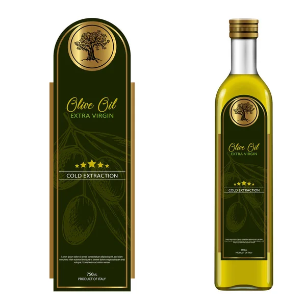 天然的额外的原始橄榄油现实玻璃瓶与标签 食品品牌设计 现代包装设计 传统健康产品 有机素食营养载体图解 — 图库矢量图片