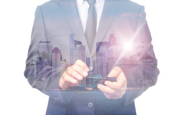 İşadamı ve New York skyline çift pozlama