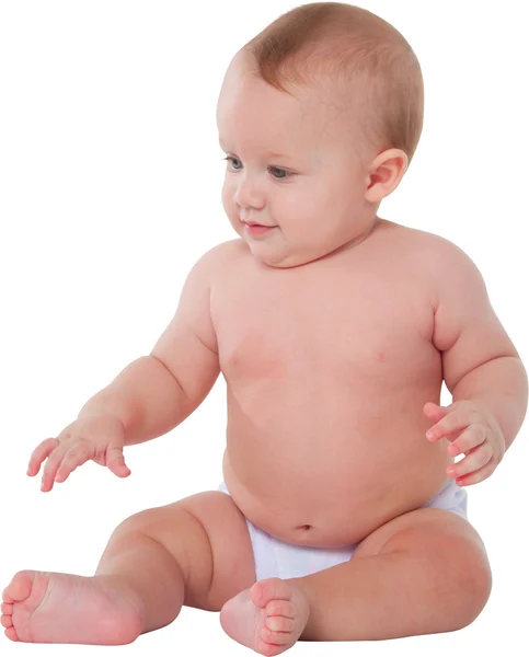 Schattige babyjongen weg overziet op witte achtergrond — Stockfoto