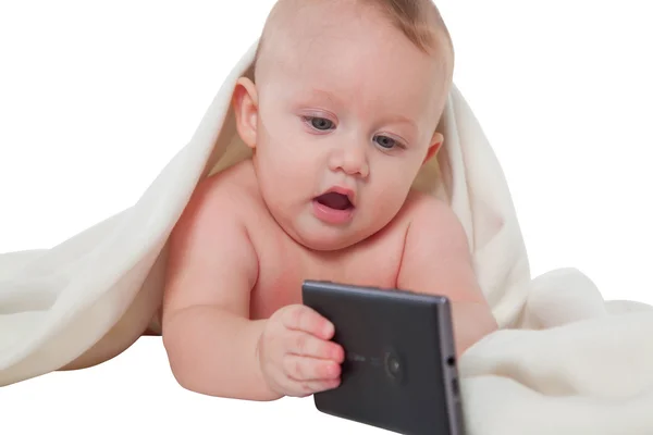 Aranyos baba fiú játék-val mozgatható telefon Jogdíjmentes Stock Képek