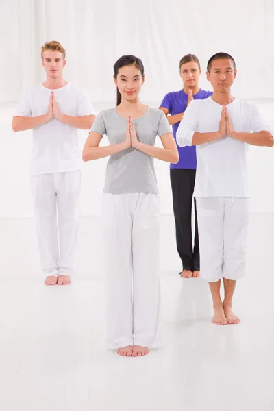 Multi ethnic group of happy people doing yoga — 图库照片