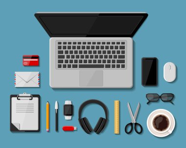 Modern iş yeri işyeri. Düz simgeler. Vektör illüstrasyonu.