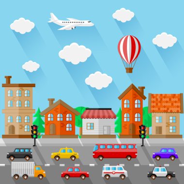 Şehir manzarası. Düz tasarım. Vektör çizim.