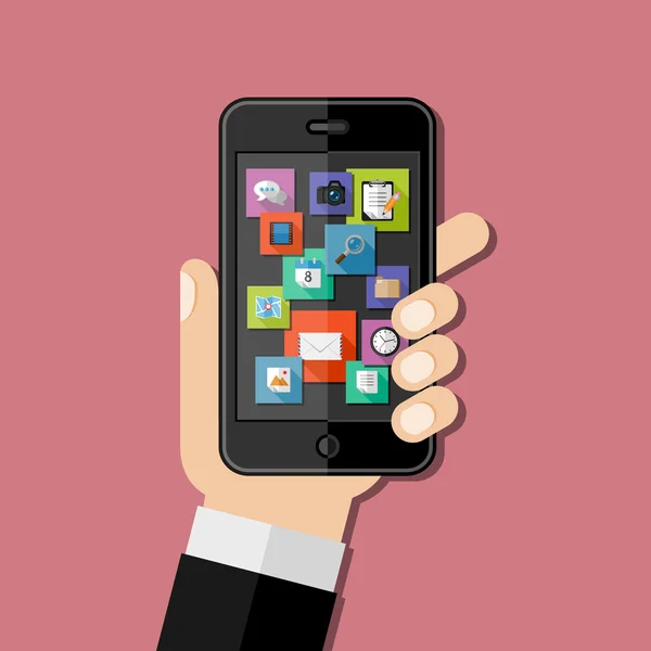 Mano sosteniendo smartphone. Diseño plano — Vector de stock