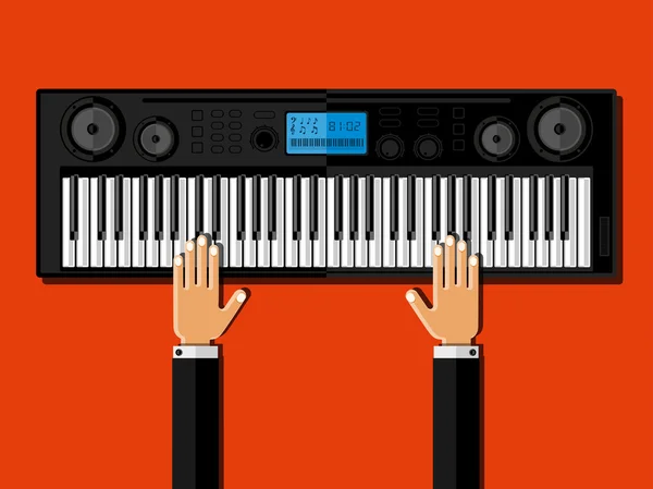 Hände spielen den Synthesizer. flache Bauweise. — Stockvektor