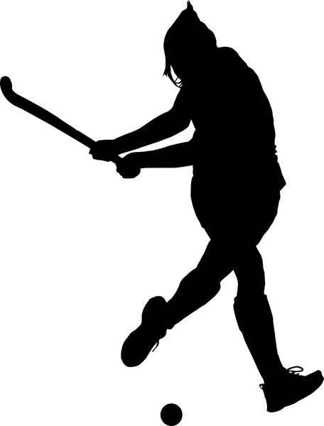 Silhouette of girl ladies hockey player hitting ball — Stock Vector