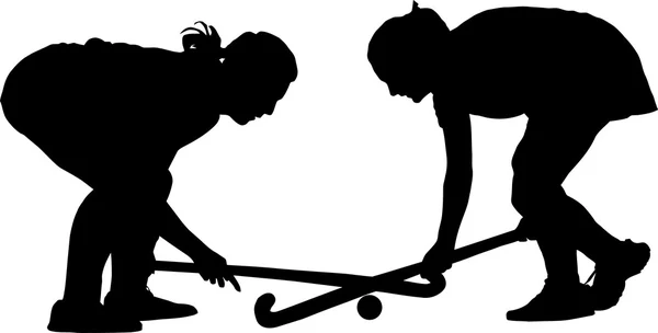 Silhouette de joueuses de hockey féminin enfermées dans la bataille pour ba — Image vectorielle