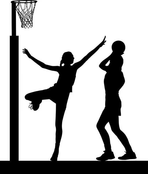 Силует дівчаток леді нетбол гравців стрибки і блокування — стоковий вектор