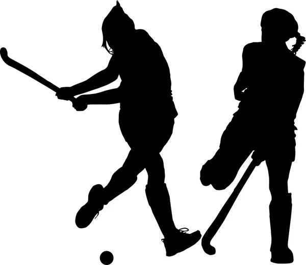 Silhouette de filles dames joueurs de hockey frappant et bloquant ba — Image vectorielle