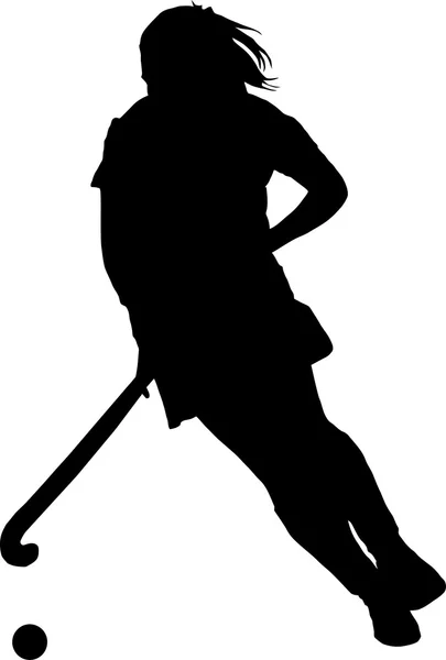 Silhouette of girl ladies hockey player dribbling  ball — Stock Vector