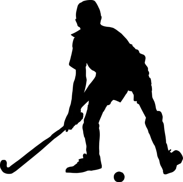 Silueta de jugador de hockey niño golpeando la pelota — Archivo Imágenes Vectoriales