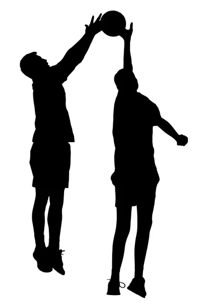 Silueta de los jugadores de la liga masculina de korfball saltando para coger bal — Vector de stock