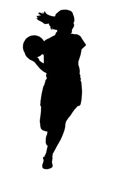 Silhouette di korfball ladies lega ragazza giocatore in esecuzione con ba — Vettoriale Stock