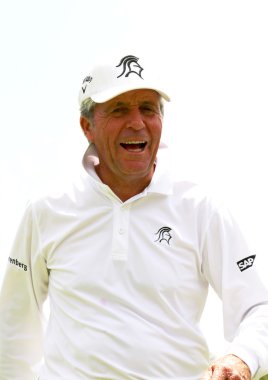 Tournament presenter and grand master Gary Player laughing throu