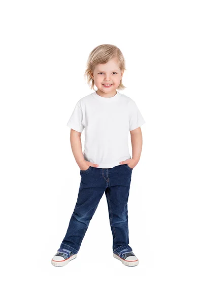 Sorrindo menina em t-shirt branca isolado em um backgro branco — Fotografia de Stock