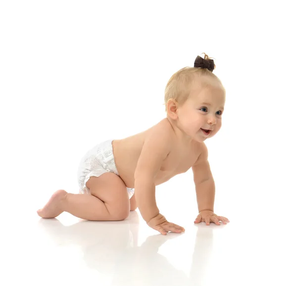 Infant child baby girl toddler crawling smiling laughing — Stock Photo, Image