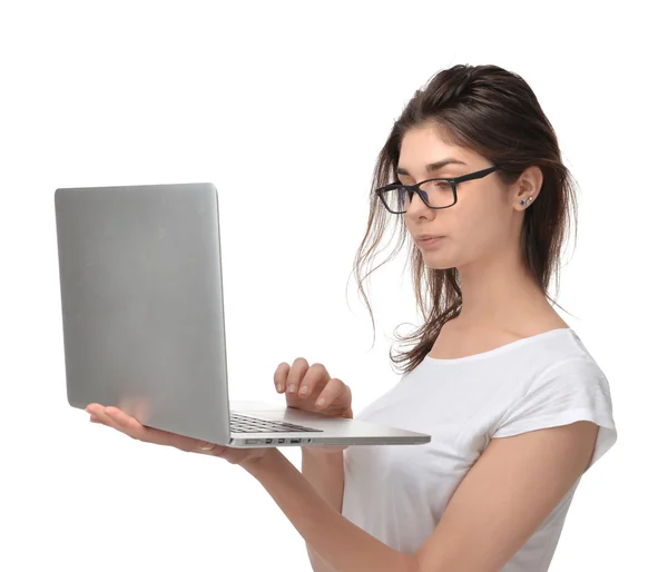 Business woman in glasses with modern popular laptop notebook — Stock Fotó