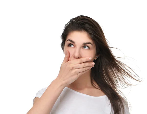 Young brunette woman thinking and looking at the corner — Stock Photo, Image