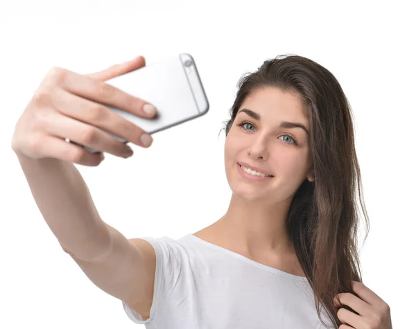 Young pretty woman make self portrait selfie — Stok fotoğraf