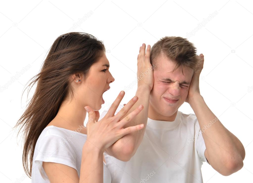Young couple arguing with each other woman shouting yelling at h