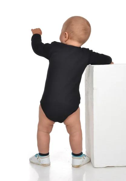 Rear view of caucasian one year infant baby boy toddler kid stan — Stock Photo, Image