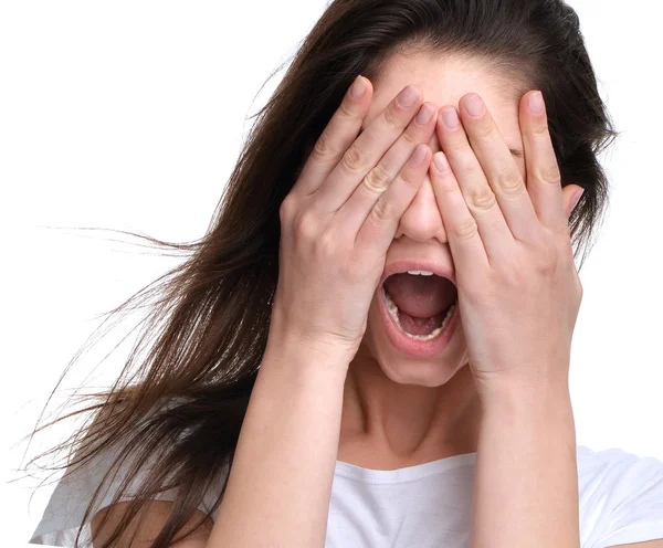 Portret van de vrouw boos schreeuwen gefrustreerd schreeuwen ou close-up — Stockfoto