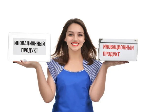 Young beautiful woman holding comparing two empty boxes happy sm — 图库照片