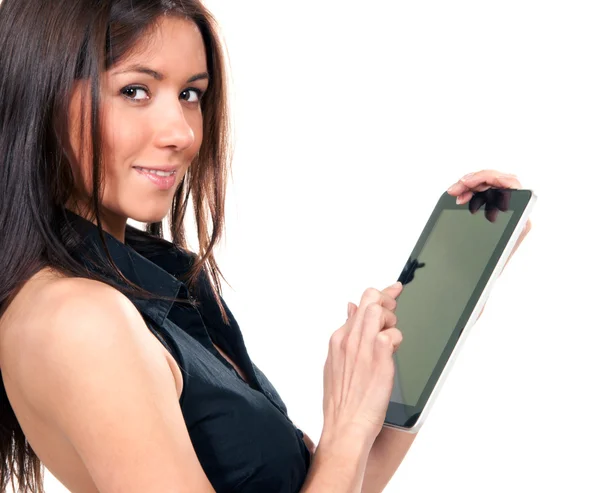 Woman touches typing digital screen of her new electronic tablet — Stockfoto