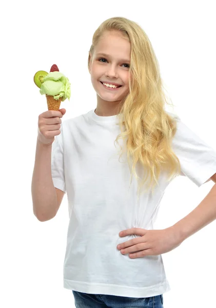 Pretty baby girl kid holding ice cream in waffles cone with stra — Stock Photo, Image