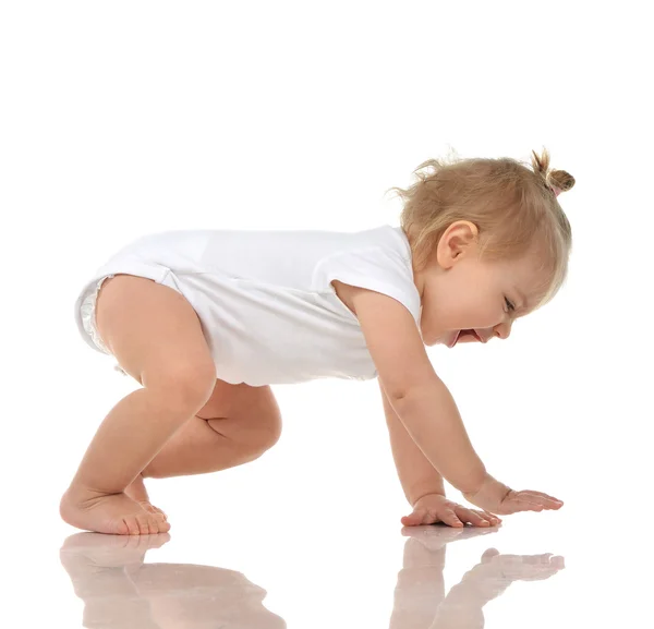 Infant child baby girl in diaper crawling happy laughing smiling — Stock Photo, Image