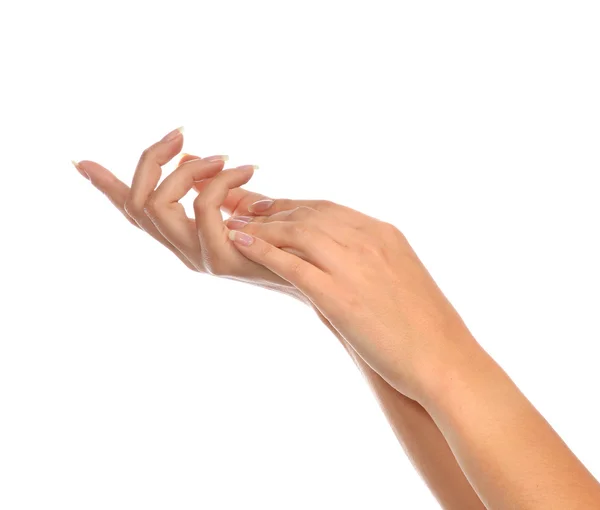 Beautiful female hands with french manicure nails isolated — Stock Photo, Image