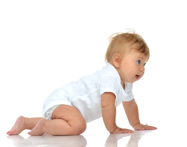 Infant child baby girl in diaper crawling happy looking at the c — Stock Photo, Image