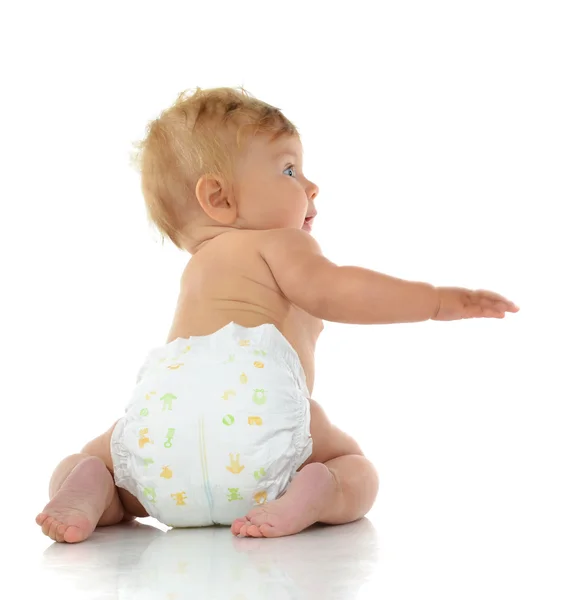 Infant child baby toddler sitting with hand pointing finger stra — Stock Photo, Image