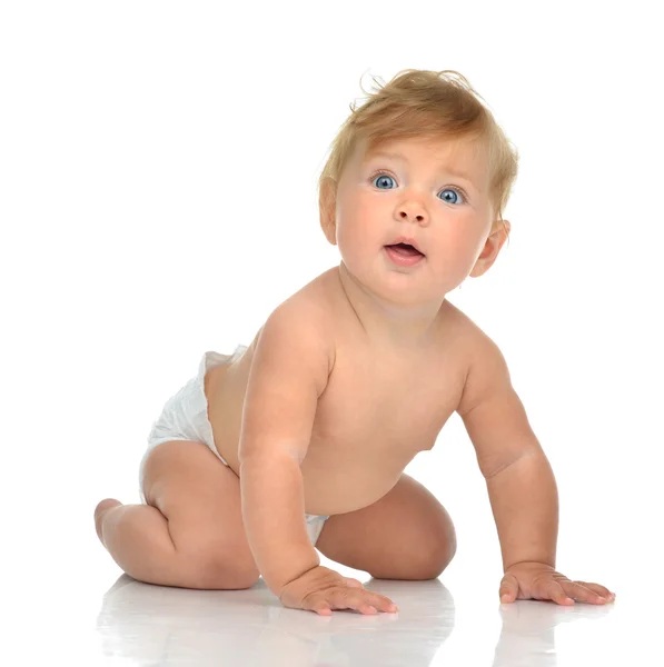 Infant child baby girl in diaper crawling happy looking at the c — Stock Photo, Image