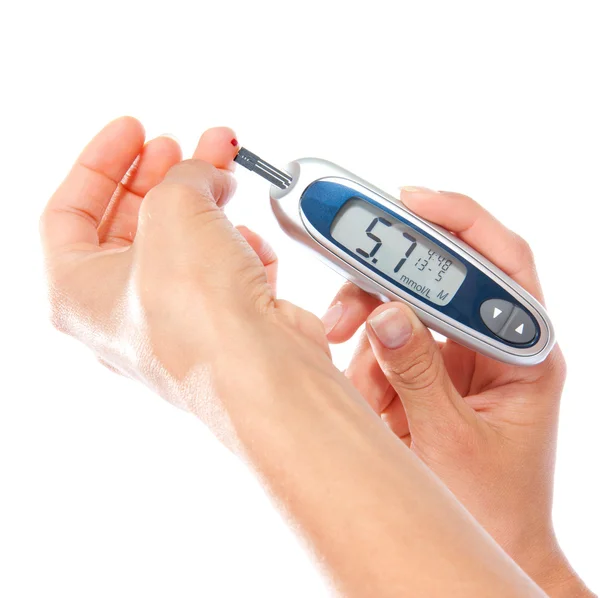 Eerste type Diabetes patiënt meten van glucose niveau bloedonderzoek u — Stockfoto