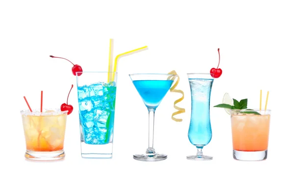 Five cocktails with alcohol margarita cocktail martini blue hawa — Stock Photo, Image