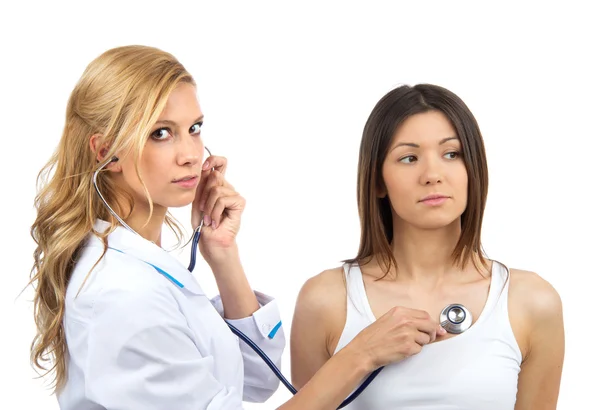 Doctor or nurse auscultating patient spine with stethoscope phys — Stock Photo, Image