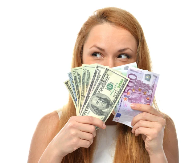 Vrouw met cash geld vijf een vijftig honderd euro in één h — Stockfoto