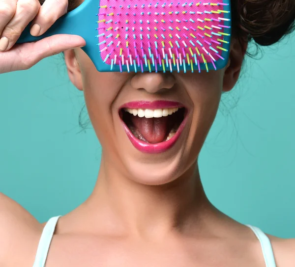 Happy fashion brunette woman close eyes with colorful pink blue — Stock Photo, Image