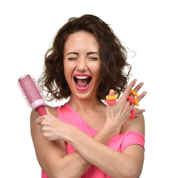 Closeup portrait of happy fashion brunette woman with big hair b — Stock Photo, Image