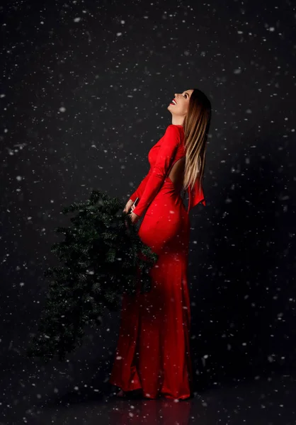 Mladá půvabná žena v dlouhých červených šatech se zimními vánočními jedlemi pod silným sněhem. Nový rok koncepce — Stock fotografie