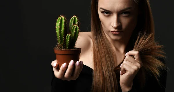 Ongelukkige gekke jonge vrouw met lang recht haar vergelijkt haar gespleten haarpunten met cactus plant in pot ze houdt — Stockfoto