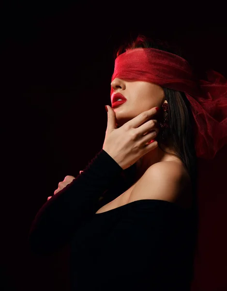 Profile. Excited brunette woman in off-shoulder clothes, eyes covered with scarf, blindfold touches her cheek